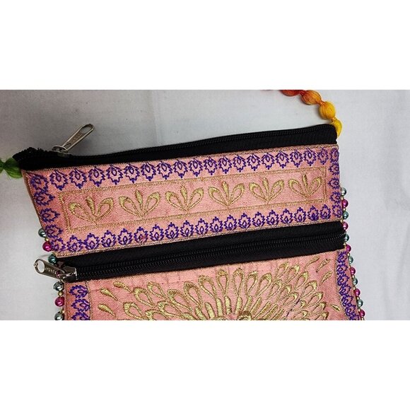 Pink Embroidered Peacock Crossbody Bag With Rainbow Beaded Strap & Zipper Pocket - Picture 7 of 10
